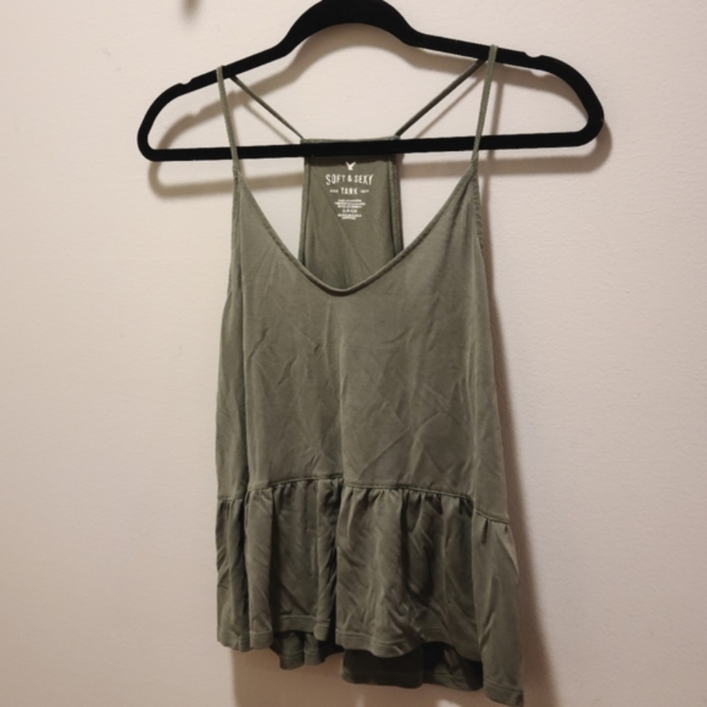 Olive/Sage Green Vneck Tank Top S American Eagle Soft & Sexy Peplum - Picture 11 of 16
